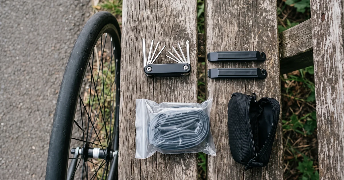 ベンチに並べた自転車の携帯工具・タイヤレバー・予備のチューブ・サドルバッグ