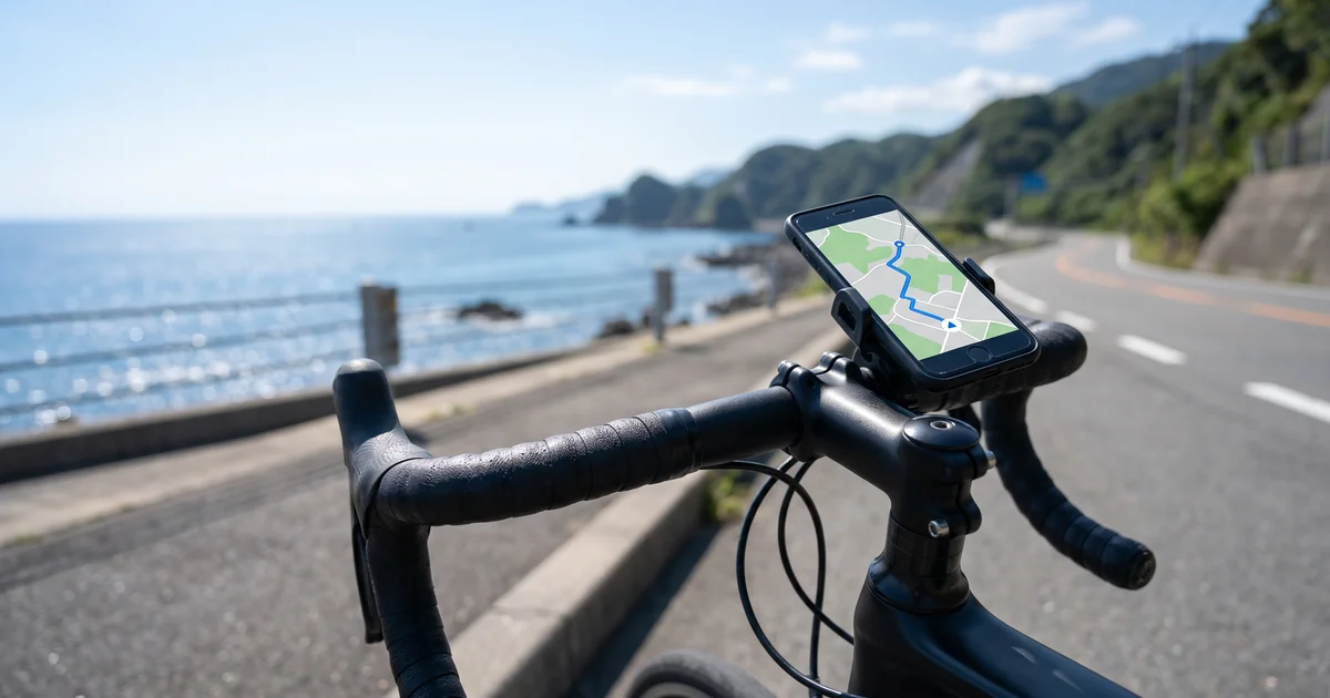 海沿いの道で、ロードバイクのドロップハンドルに付けたスマホホルダーと、地図を表示したスマホ