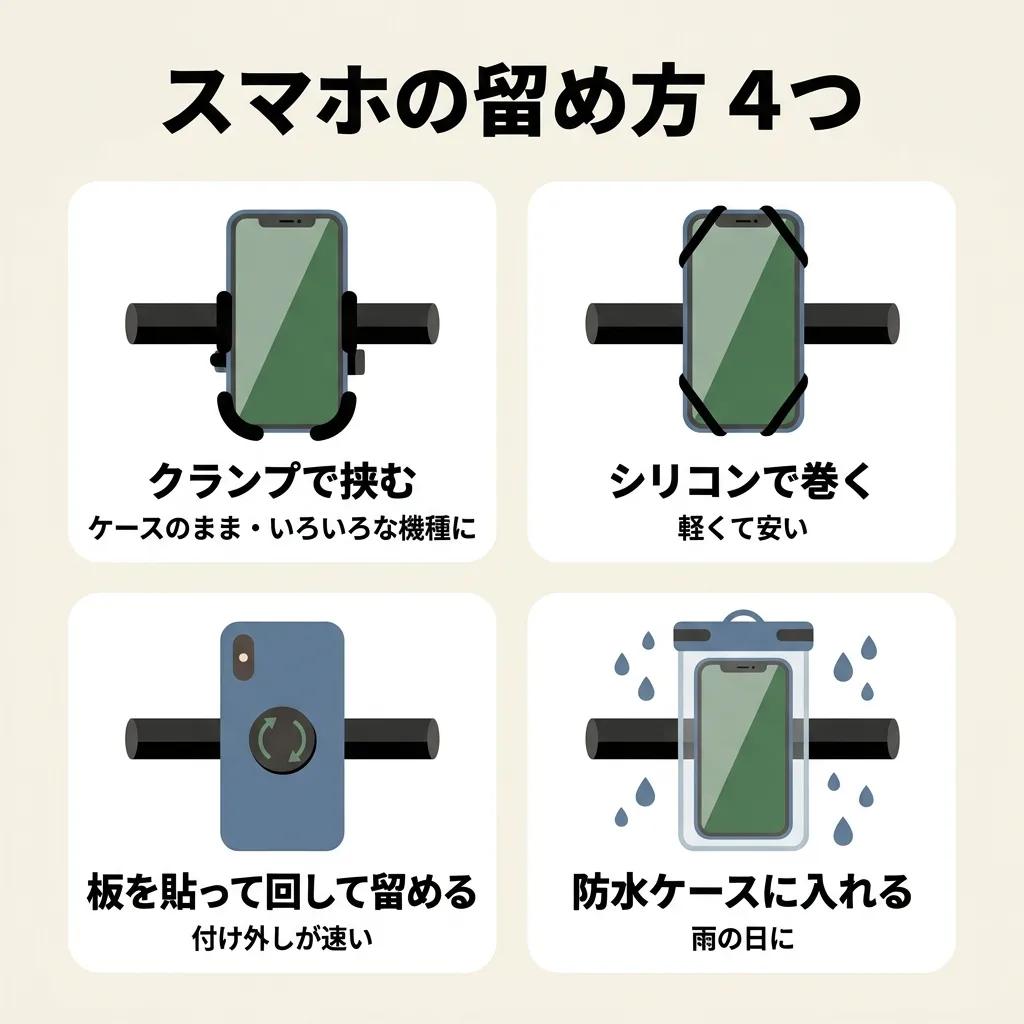 スマホの留め方4つの図。クランプで挟む(ケースのまま・いろいろな機種に)、シリコンで巻く(軽くて安い)、板を貼って回して留める(付け外しが速い)、防水ケースに入れる(雨の日に)