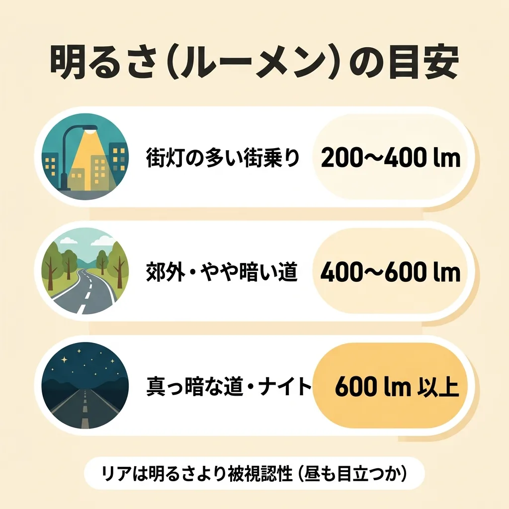 フロントライトの明るさ目安：街乗り200〜400・郊外400〜600・真っ暗な道600ルーメン以上／リアは被視認性重視