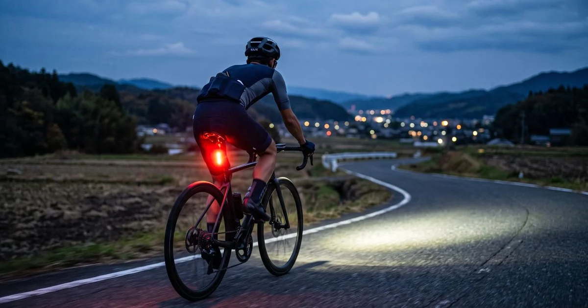 前後にライトを点けてブルーアワーの道を走る日本人サイクリスト