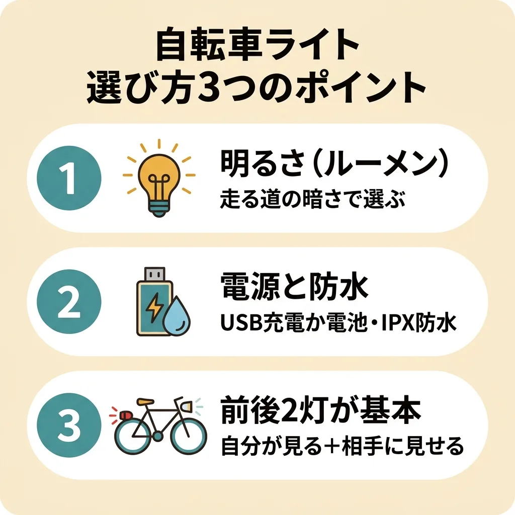 自転車ライトの選び方3ポイント：明るさ（ルーメン）・電源と防水・前後2灯