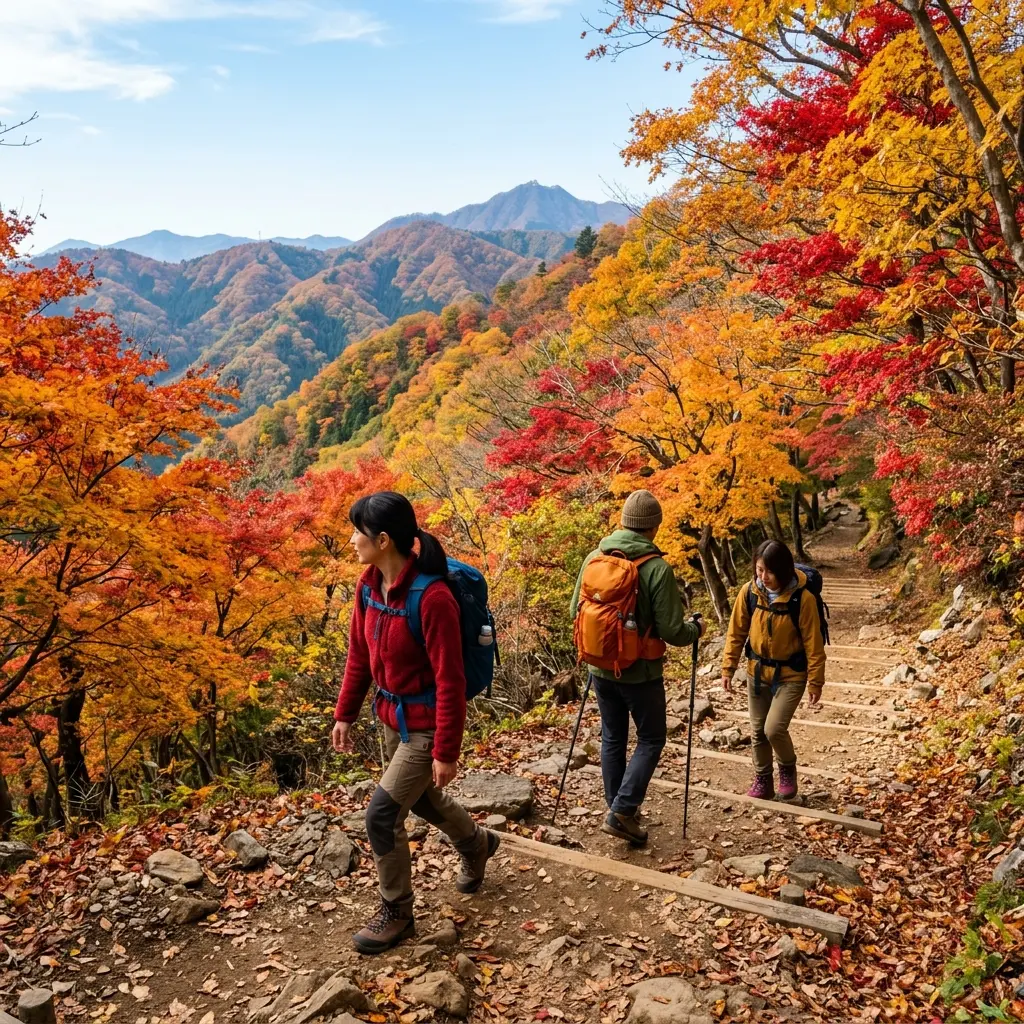 紅葉に染まる関東の低山を歩く登山者たち