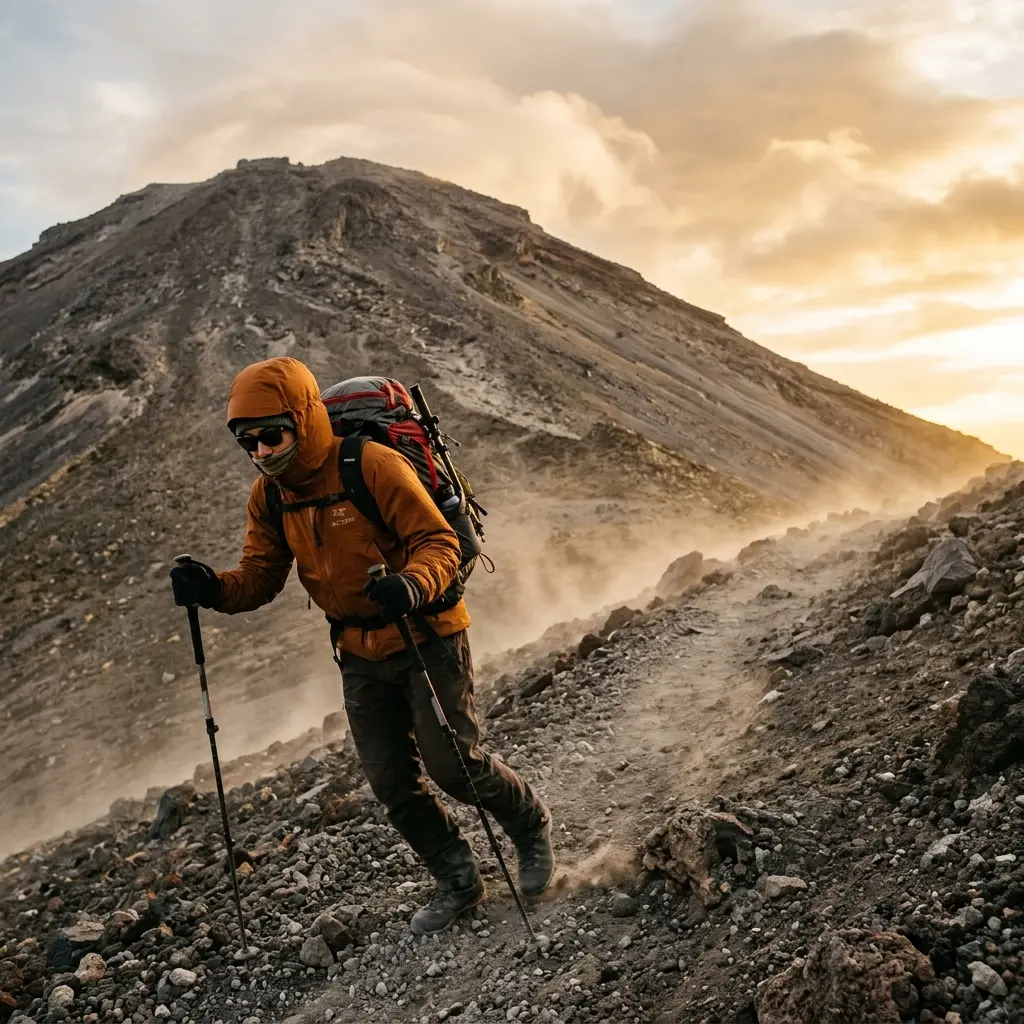 森林限界を超えた富士山の登山道。強風が吹き抜ける岩場を登山者が進む