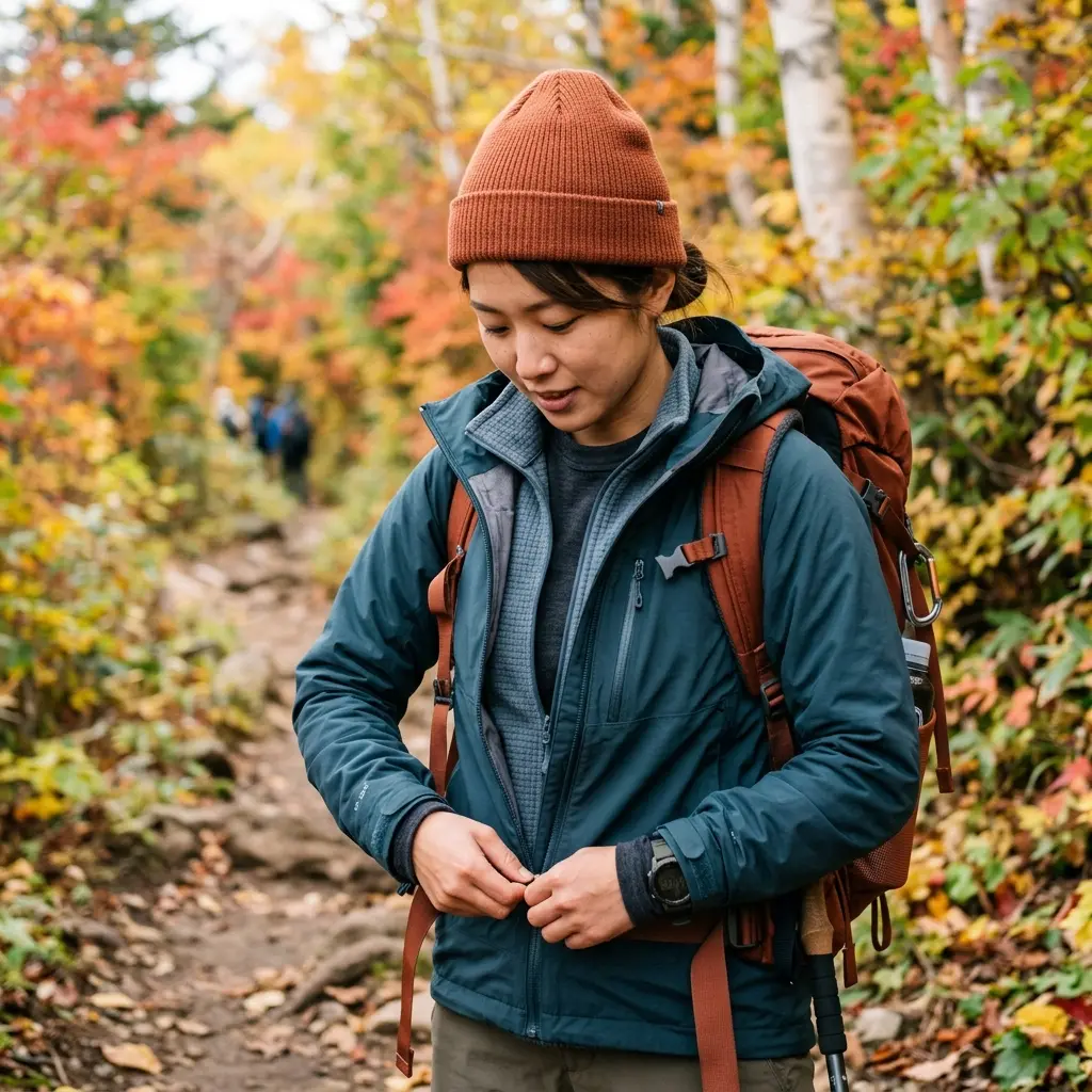 レイヤリングを着た秋の登山者