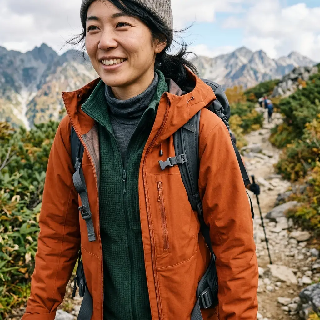 レイヤリングを着た登山者。ベースレイヤーの上にフリース、さらにシェルを羽織った状態