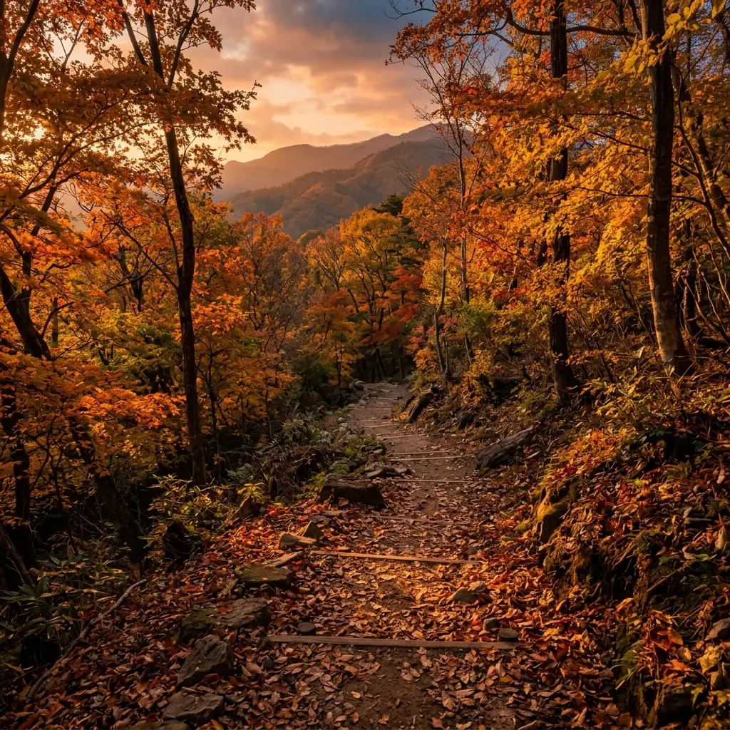 夕暮れどきの紅葉の山道