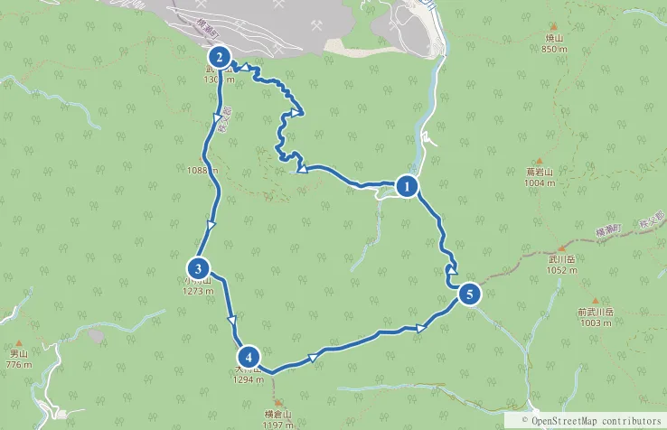 武甲山 一の鳥居発着の周回コース（表参道〜武甲山〜小持山〜大持山〜妻坂峠）のルート地図