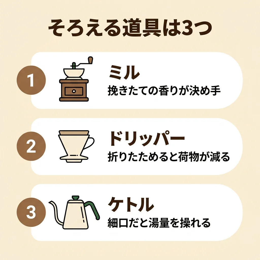 キャンプコーヒーの道具3ステップ：ミル・ドリッパー・ケトル