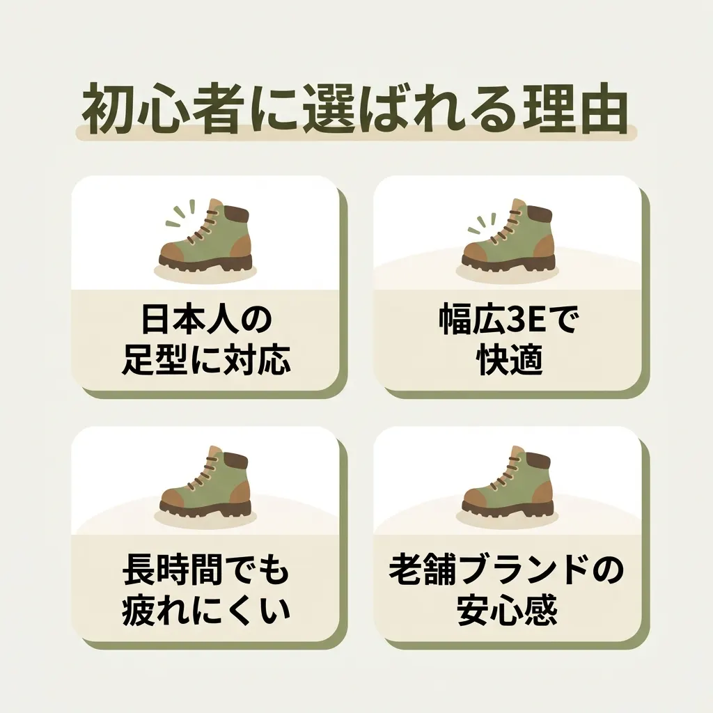日本人の足型に合う幅広設計と老舗の安心感が初心者に選ばれる理由
