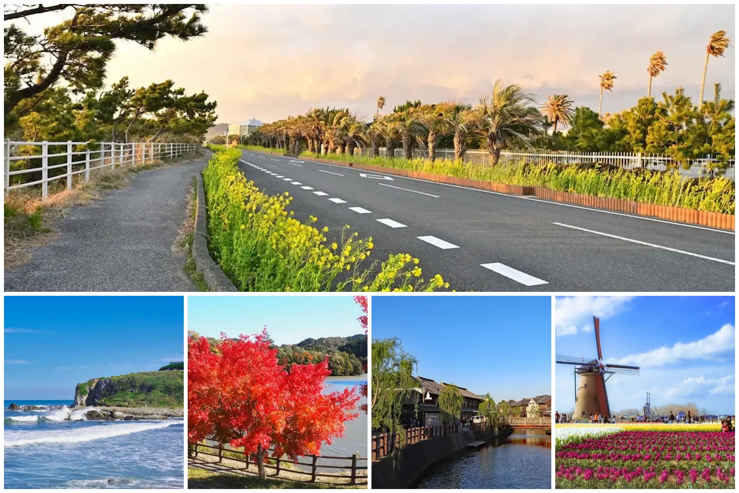 千葉サイクリング8コースの絶景コラージュ（房総フラワーライン・犬吠埼・亀山湖・佐原・印旛沼）