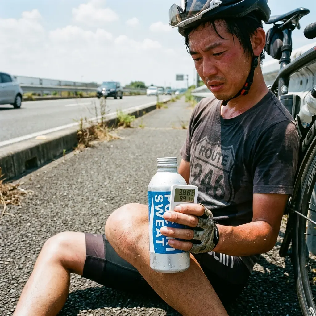 真夏の炎天下で汗をかくサイクリスト