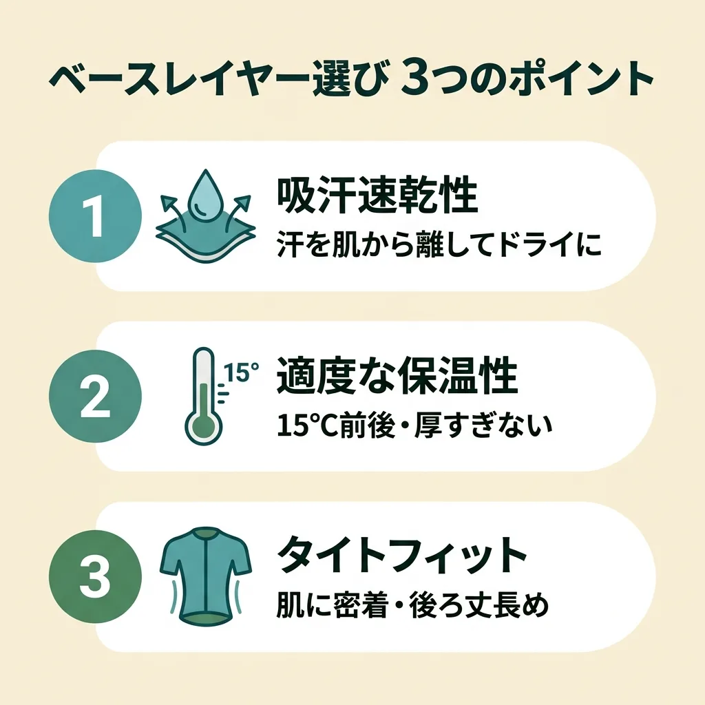 吸汗速乾性・適度な保温性・フィット感の3つのポイントを示す図