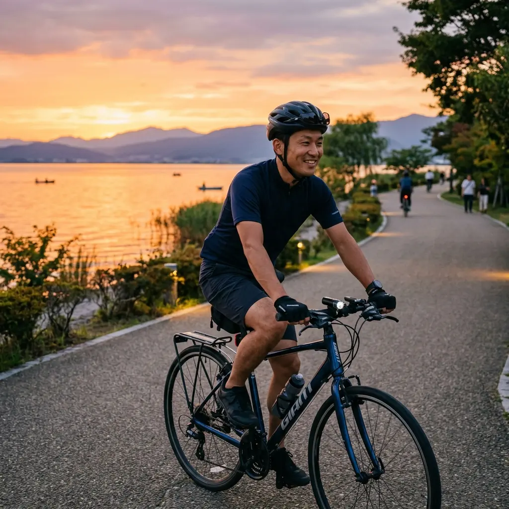 夕暮れのサイクリングロードを走る男性