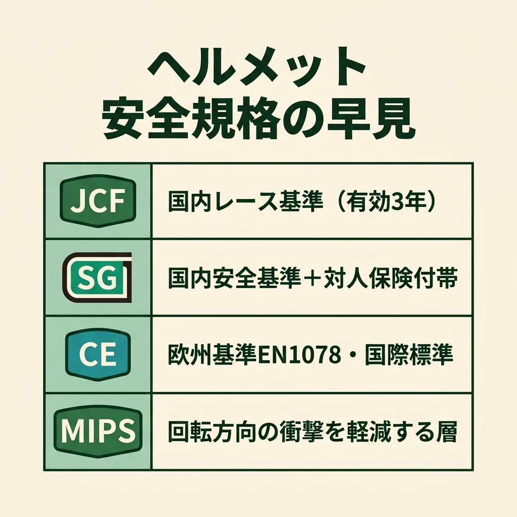 ヘルメット安全規格の早見:JCF・SG・CE・MIPSの違い