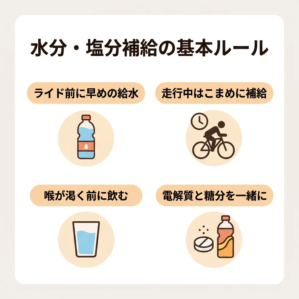 タイミングと電解質を押さえた水分・塩分補給の基本を図解