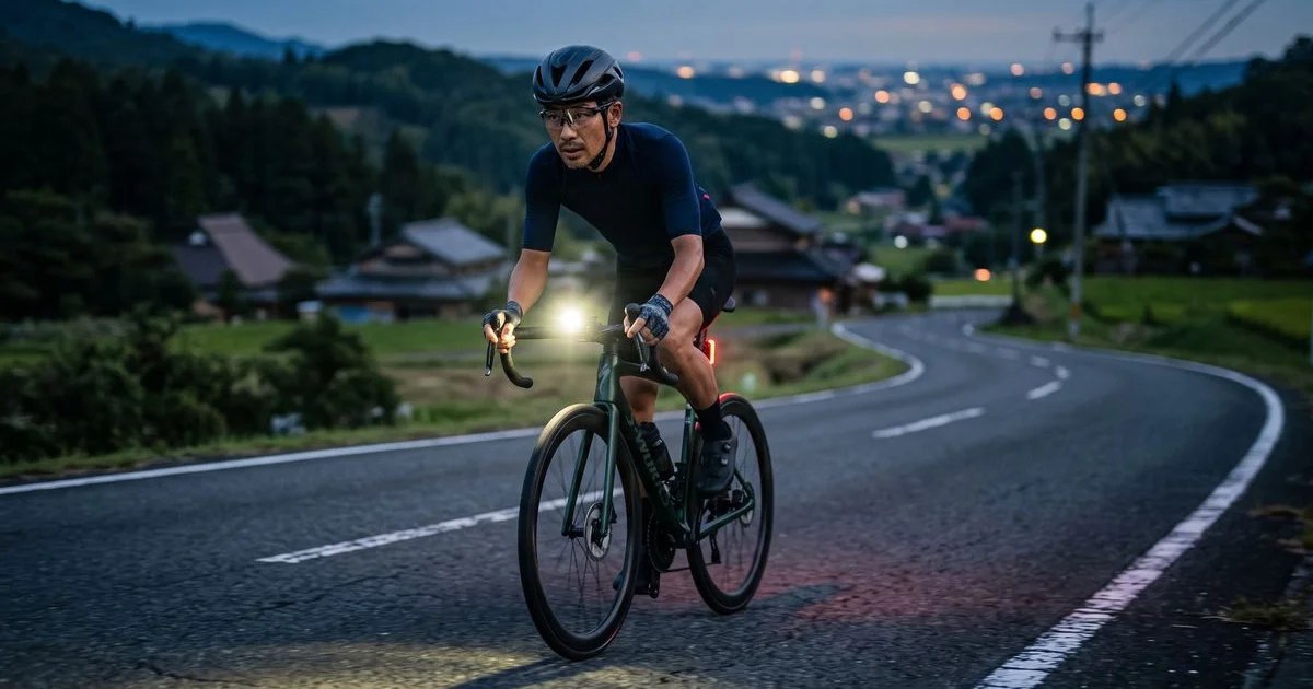 夕暮れの道でフロントライトを灯して走る日本人サイクリスト