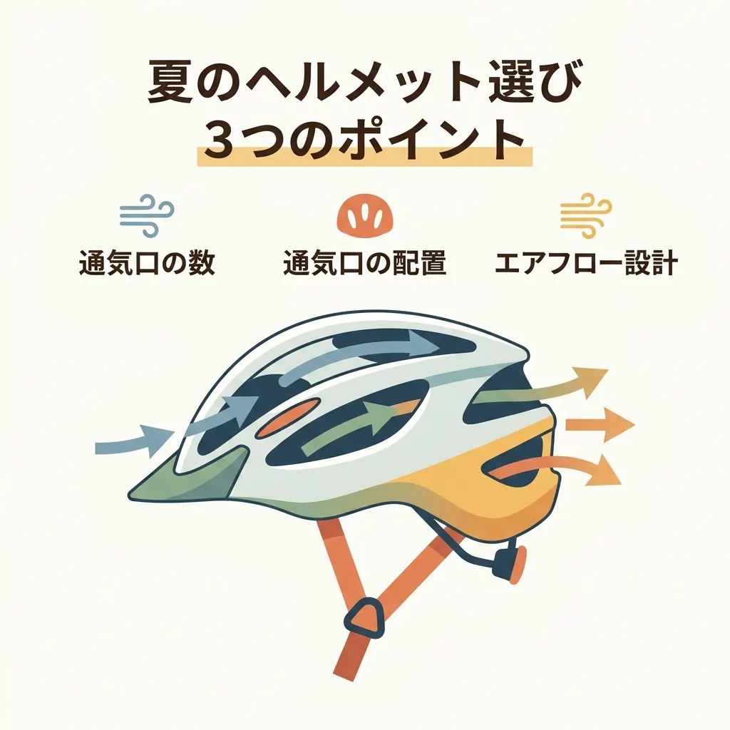 夏用ヘルメットは通気口の数と配置、前後に抜けるエアフロー設計が快適さの鍵です