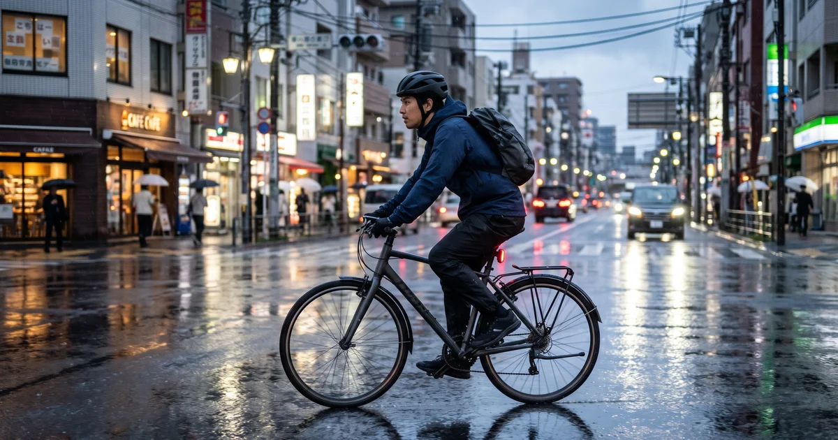 雨の夕方の街を、紺色のレインジャケットを着てクロスバイクで走る人
