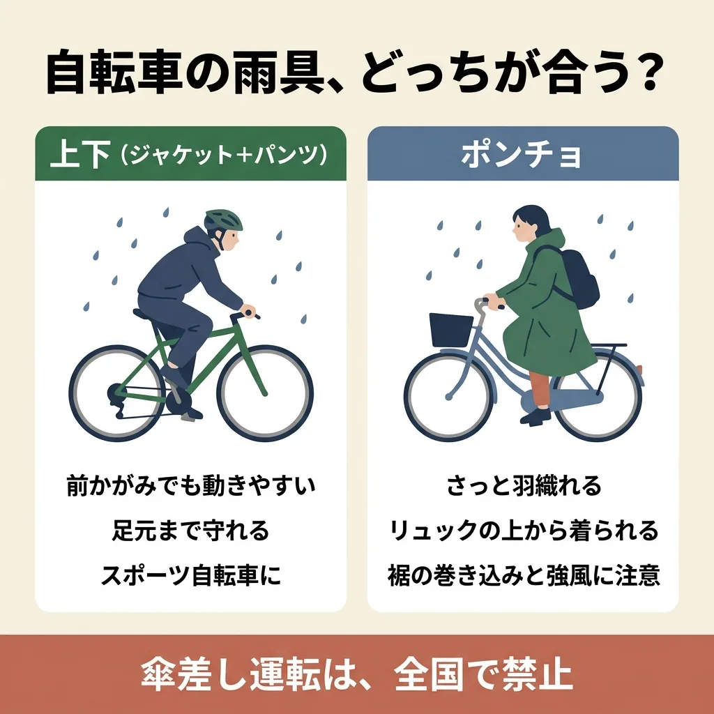 自転車の雨具の選び方の図。上下（ジャケット＋パンツ）は前かがみでも動きやすく足元まで守れるのでスポーツ自転車に。ポンチョはさっと羽織れてリュックの上から着られるが、裾の巻き込みと強風に注意。傘差し運転は全国で禁止