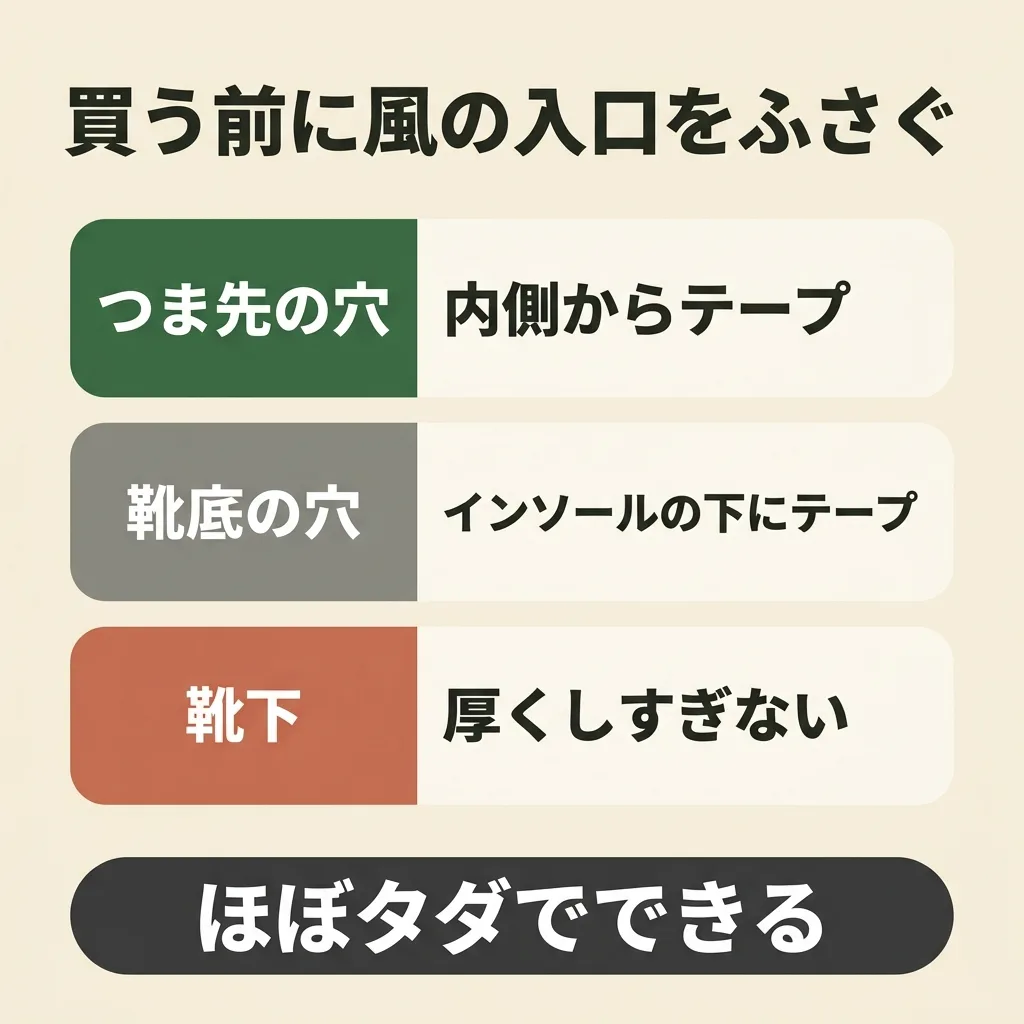 シューズカバーを買う前に、風の入口をふさぐ。つま先の穴と靴底の穴をテープでふさぎ、靴下は厚くしすぎない