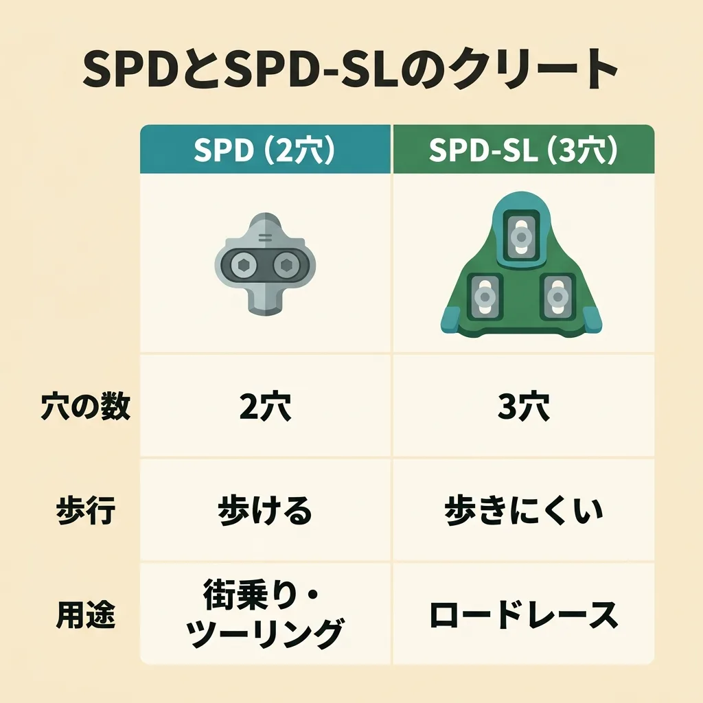 クリートの違い:SPD(2穴・小さく歩ける)とSPD-SL(3穴・大きく効率重視)