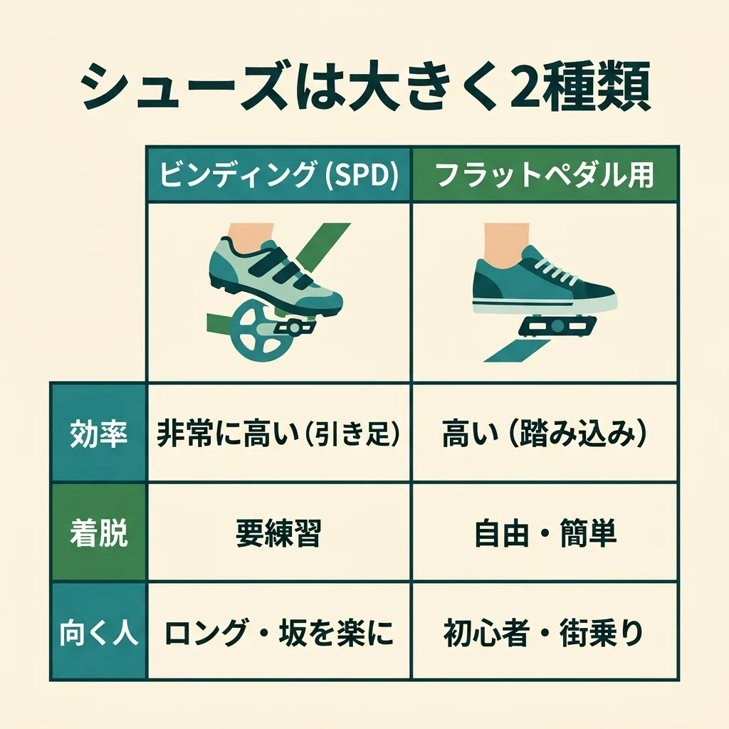 サイクリングシューズ2種の違い:ビンディング(SPD/SPD-SL)とフラットペダル用の特徴比較