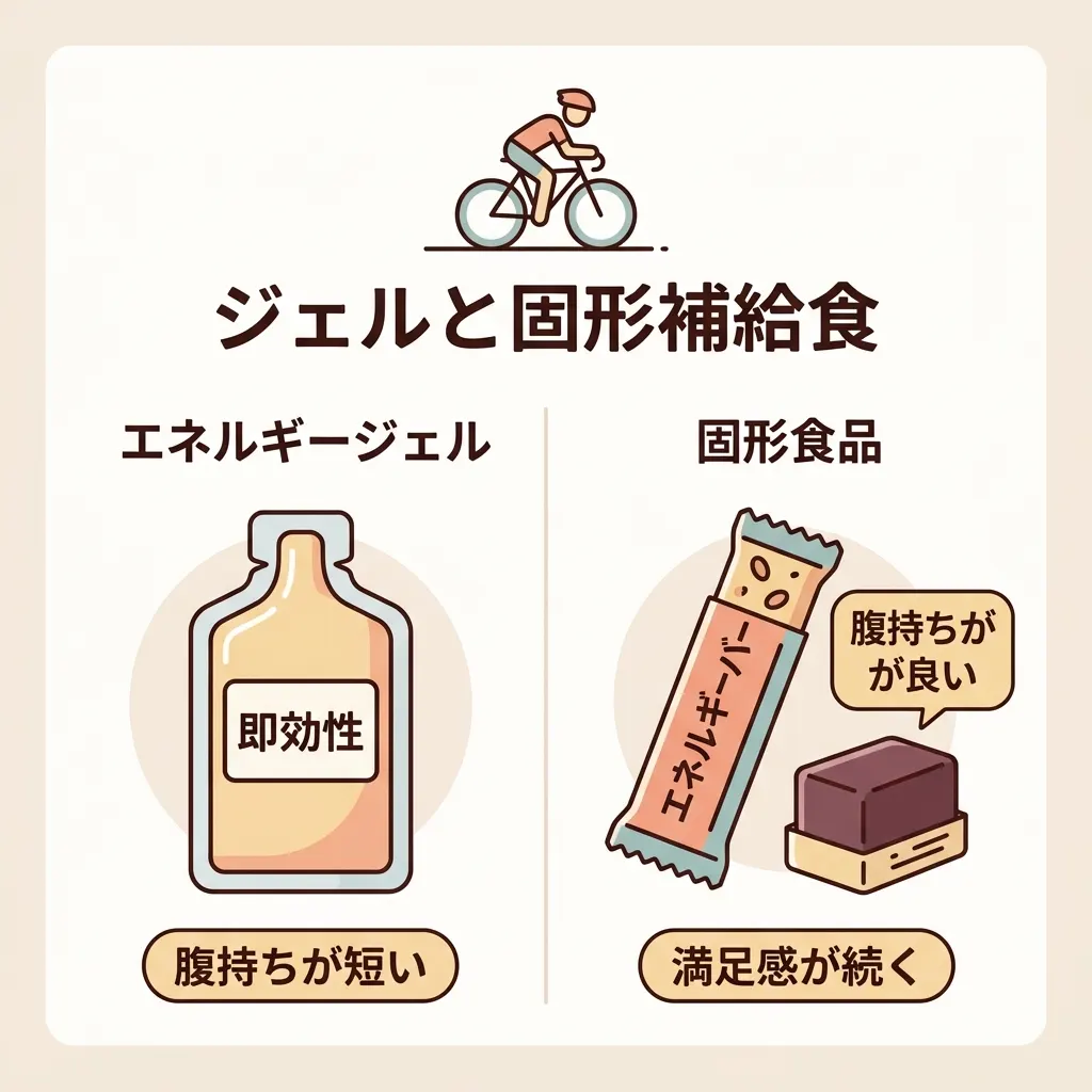 ジェルは即効性、固形補給食は腹持ちの良さが強み