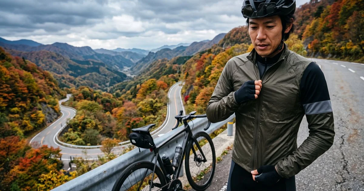 峠の下りでウィンドブレーカーを羽織るロードバイクのサイクリスト