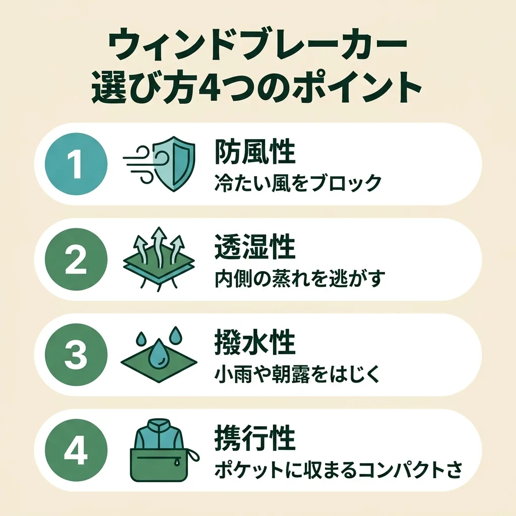 ウィンドブレーカーの選び方4ポイント:防風性・透湿性・撥水性・携行性