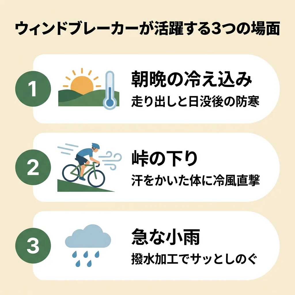 ウィンドブレーカーが活躍する3つの場面:朝晩の冷え込み・峠の下り・急な小雨