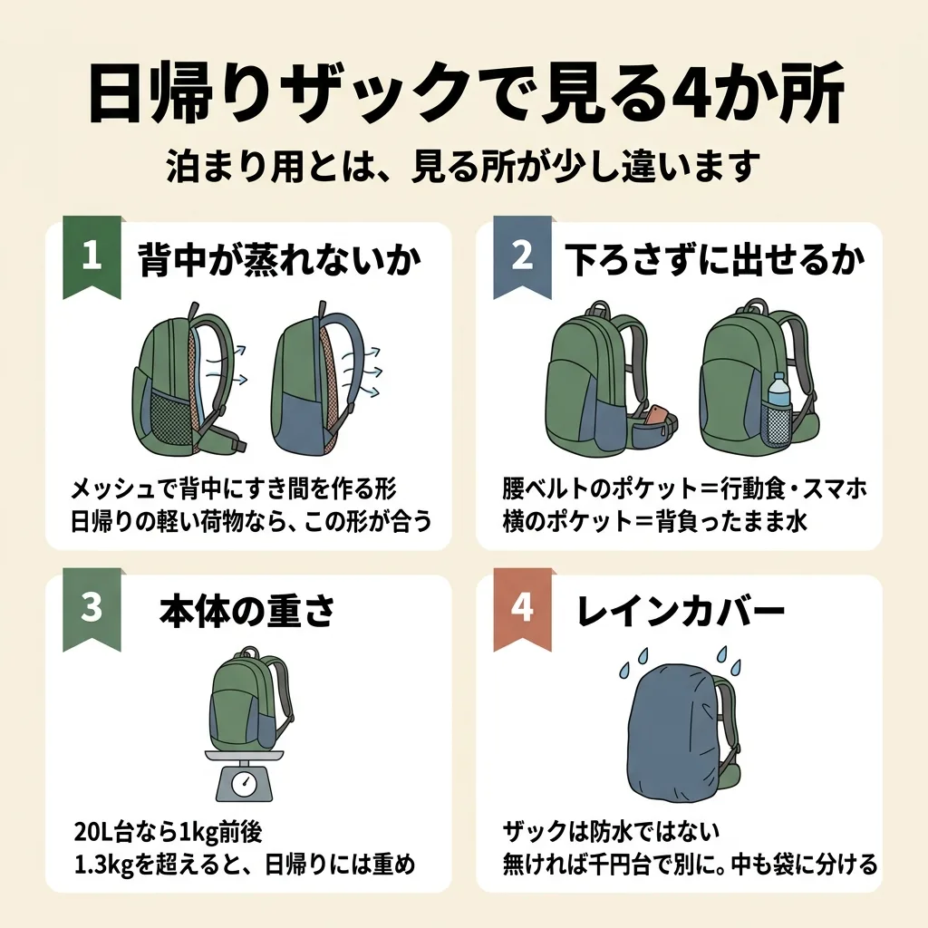 日帰り登山のザックで見る4か所の図。1 背中が蒸れないか:メッシュで背中にすき間を作る形で、日帰りの軽い荷物ならこの形が合う。2 下ろさずに出せるか:腰ベルトのポケットに行動食やスマホ、横のポケットで背負ったまま水が取れる。3 本体の重さ:20L台なら1kg前後、1.3kgを超えると日帰りには重め。4 レインカバー:ザックは防水ではないので、無ければ千円台で別に買い、中も袋に分ける