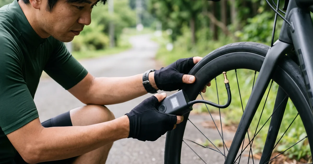 ロードバイクの仏式バルブに、小さな電動ポンプで空気を入れる手元