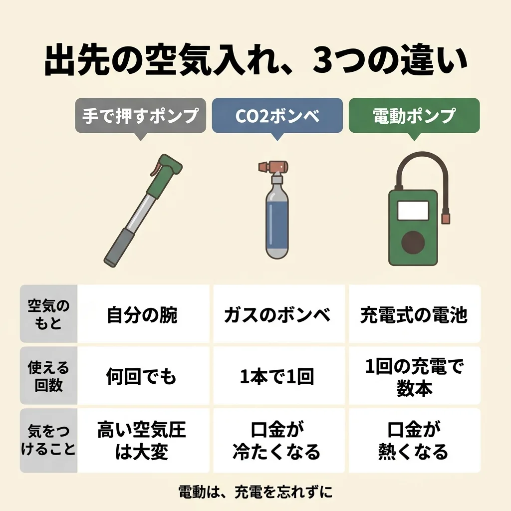 出先の空気入れ、3つの違いの図。手で押すポンプ:空気のもとは自分の腕・何回でも使える・高い空気圧は大変。CO2ボンベ:ガスのボンベ・1本で1回・口金が冷たくなる。電動ポンプ:充電式の電池・1回の充電で数本・口金が熱くなる。電動は、充電を忘れずに