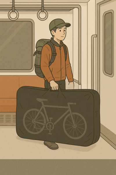 輪行袋を持って電車に乗る人のイメージ