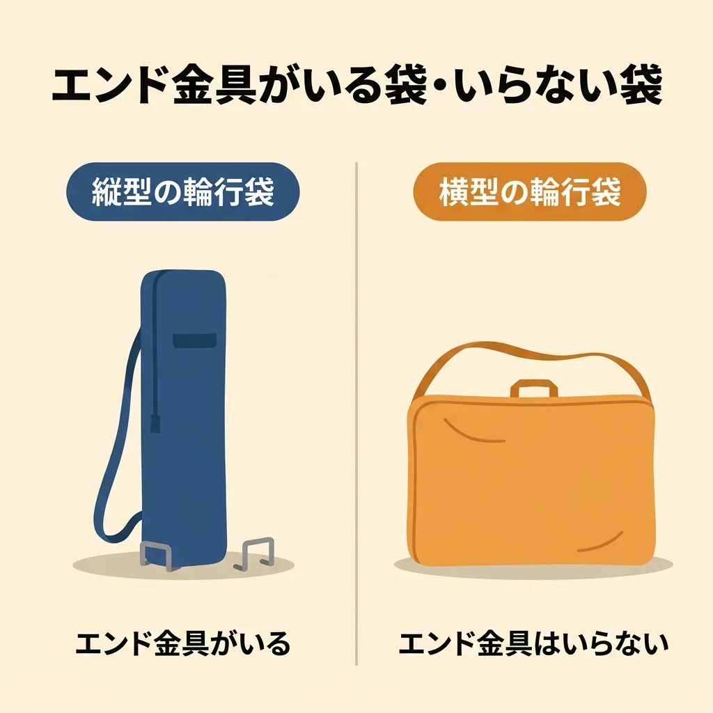縦型輪行袋はエンド金具が必要、横型輪行袋は不要という違いの図解