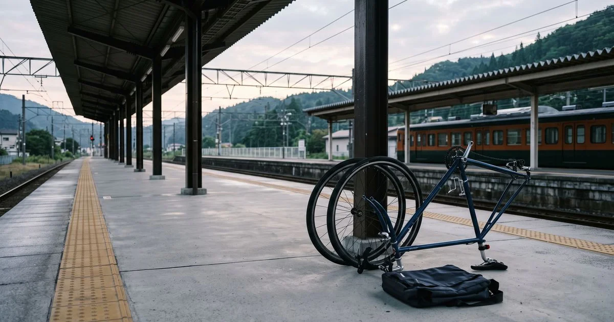 駅のホームで輪行の準備をする自転車。後輪を外したフレームにエンド金具を付けて立ててある