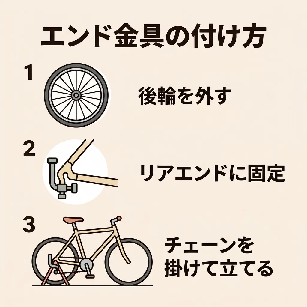 エンド金具の取り付けは後輪を外し固定してチェーンを掛ける3ステップ
