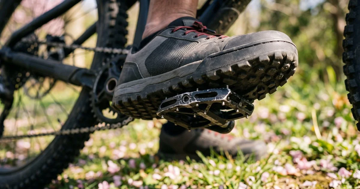 フラットペダルにグリップソールのMTBシューズを乗せた側面クローズアップ