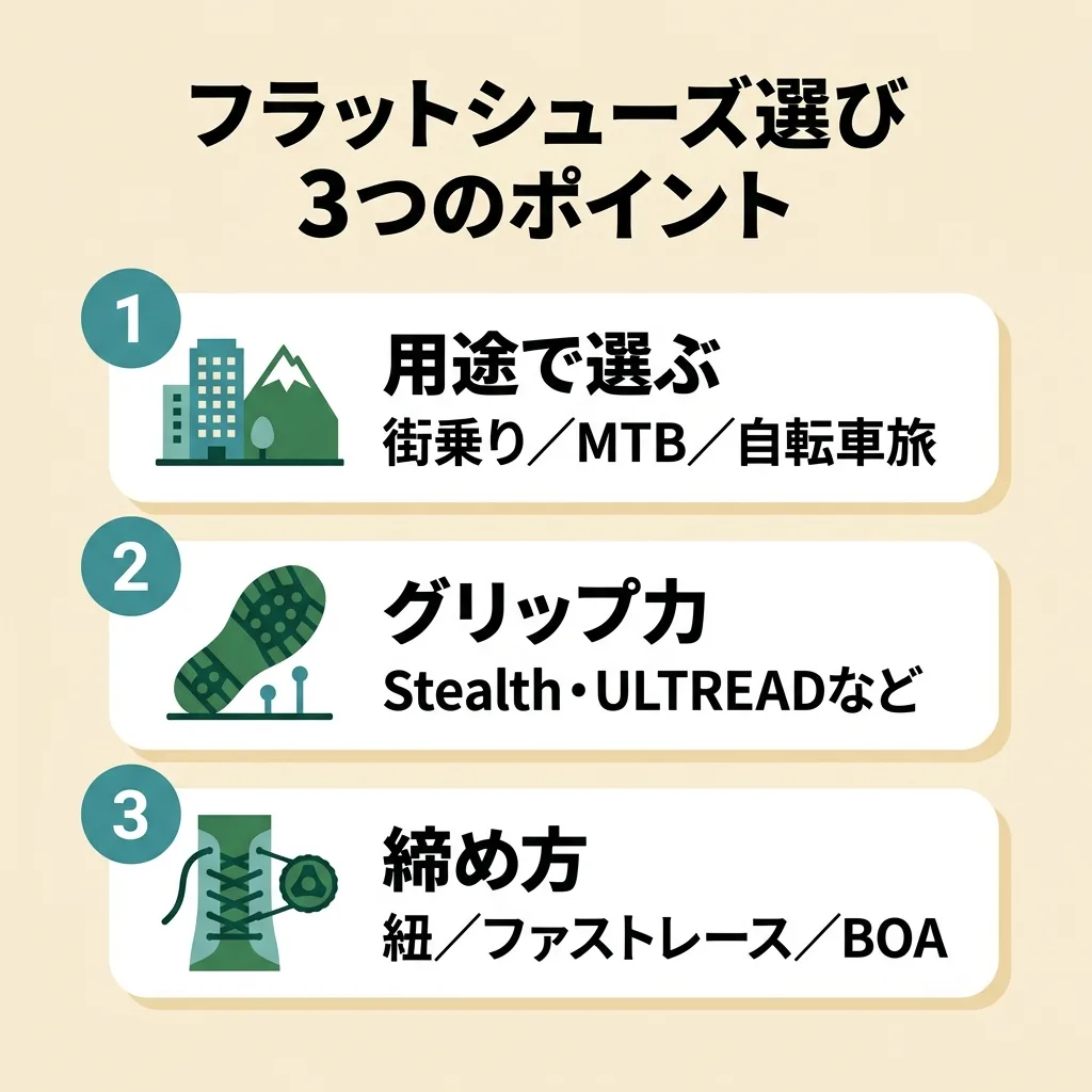 フラットペダル用シューズ選び3ポイント:用途(街乗り/MTB/旅)・グリップ・締め方