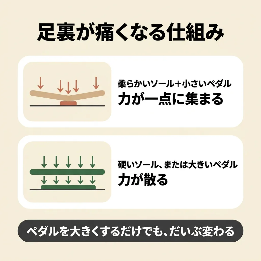 足裏が痛くなるのは靴だけの問題ではない。柔らかいソールと小さいペダルの組み合わせが原因