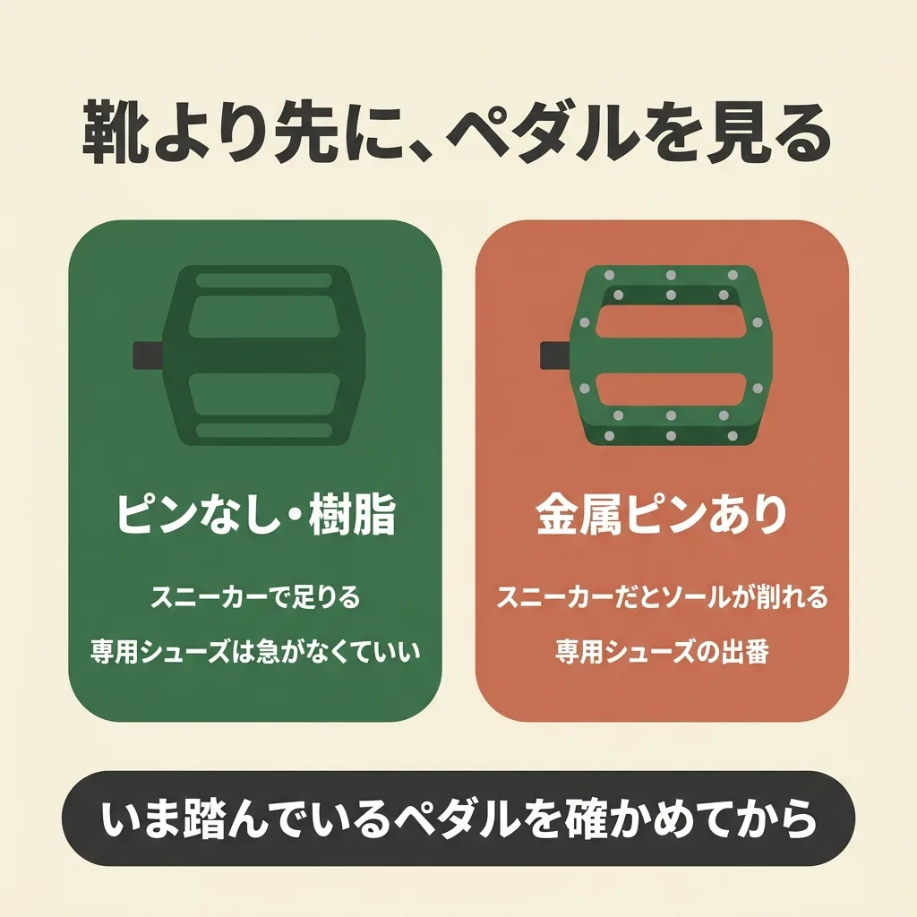 靴より先にペダルを見る。樹脂のピンなしペダルなら専用シューズは要らない。金属ピン付きなら要る