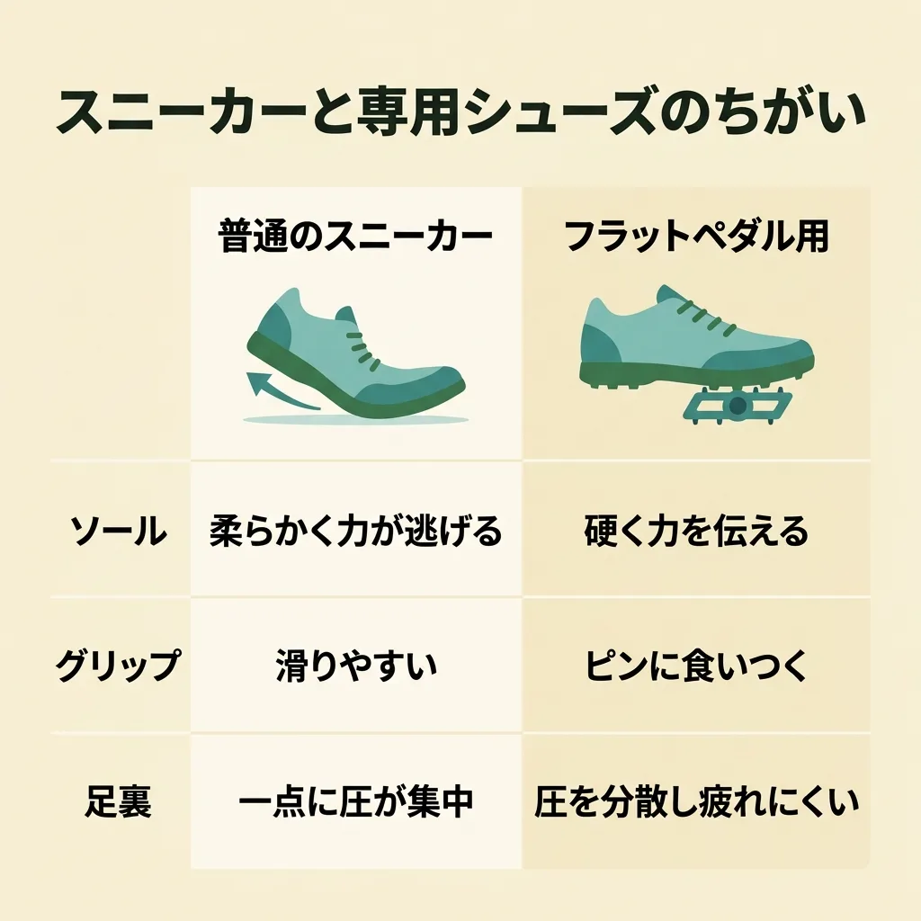 スニーカーとフラットペダル用シューズの違い:ソール剛性・グリップ力・足裏の疲労