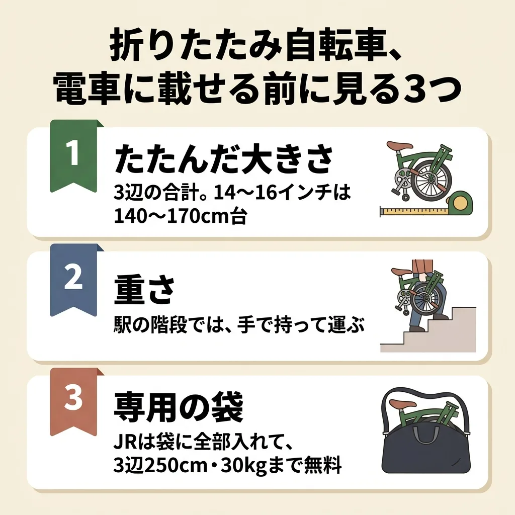 折りたたみ自転車を電車に載せる前に見る3つの図。1 たたんだ大きさ:3辺の合計で見る。14〜16インチは140〜170cm台。2 重さ:駅の階段では手で持って運ぶ。3 専用の袋:JRは袋に全部入れれば、3辺250cm・30kgまで無料