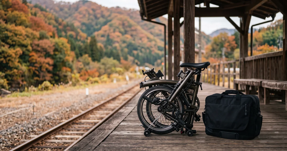 秋の山あいの駅のホームに、小さくたたんだ折りたたみ自転車と、黒い輪行袋が置いてある