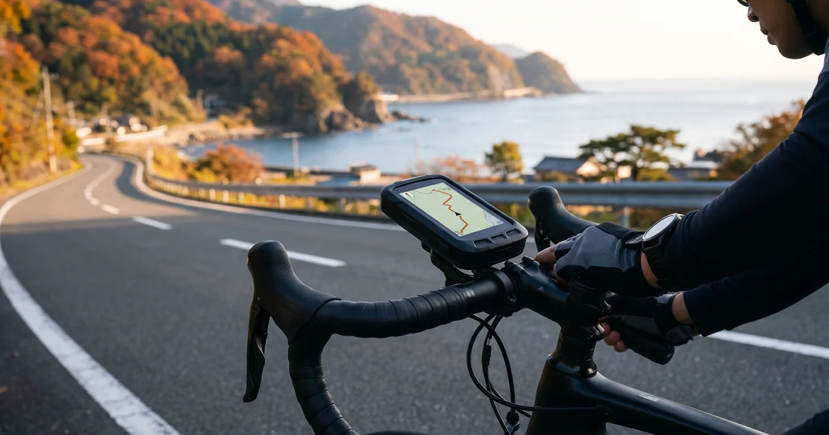 海沿いの道で、ロードバイクのハンドルに付けた大きな画面のサイクルコンピューター