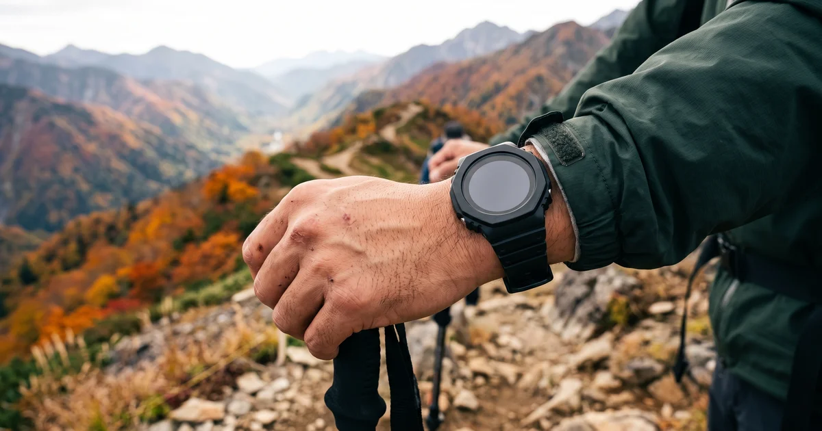 登山道で、トレッキングポールを握る手首に付けたアウトドア用の腕時計