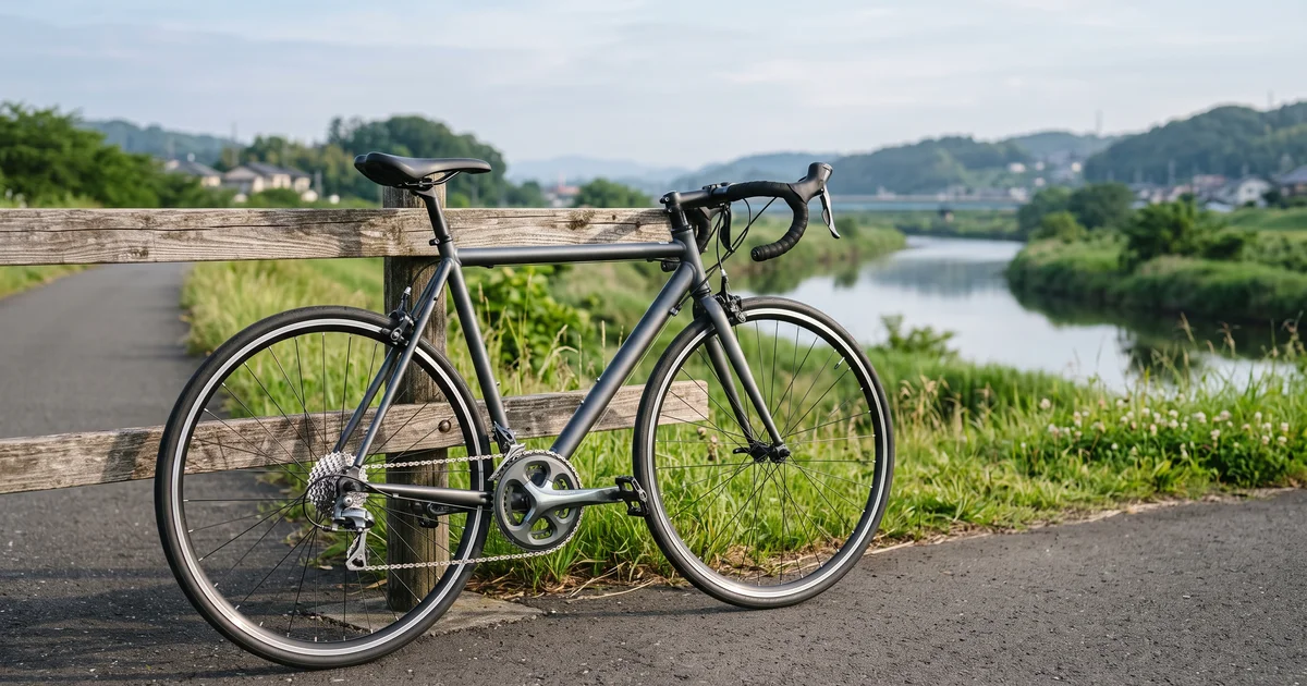 川沿いのサイクリングロードの柵に立てかけた、ドロップハンドルのロードバイク