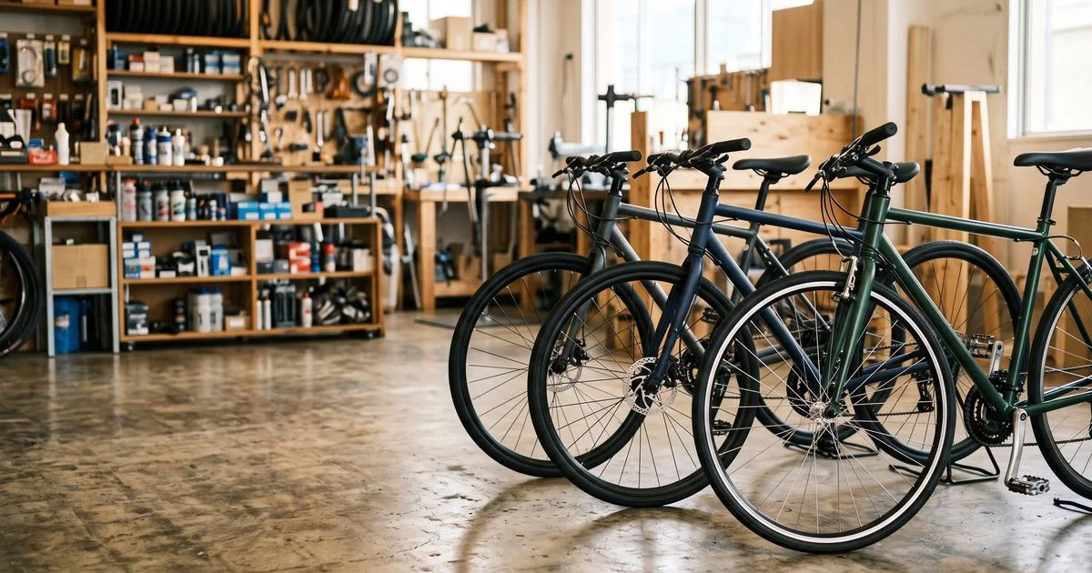 自転車店の床に並べられた3台のクロスバイク