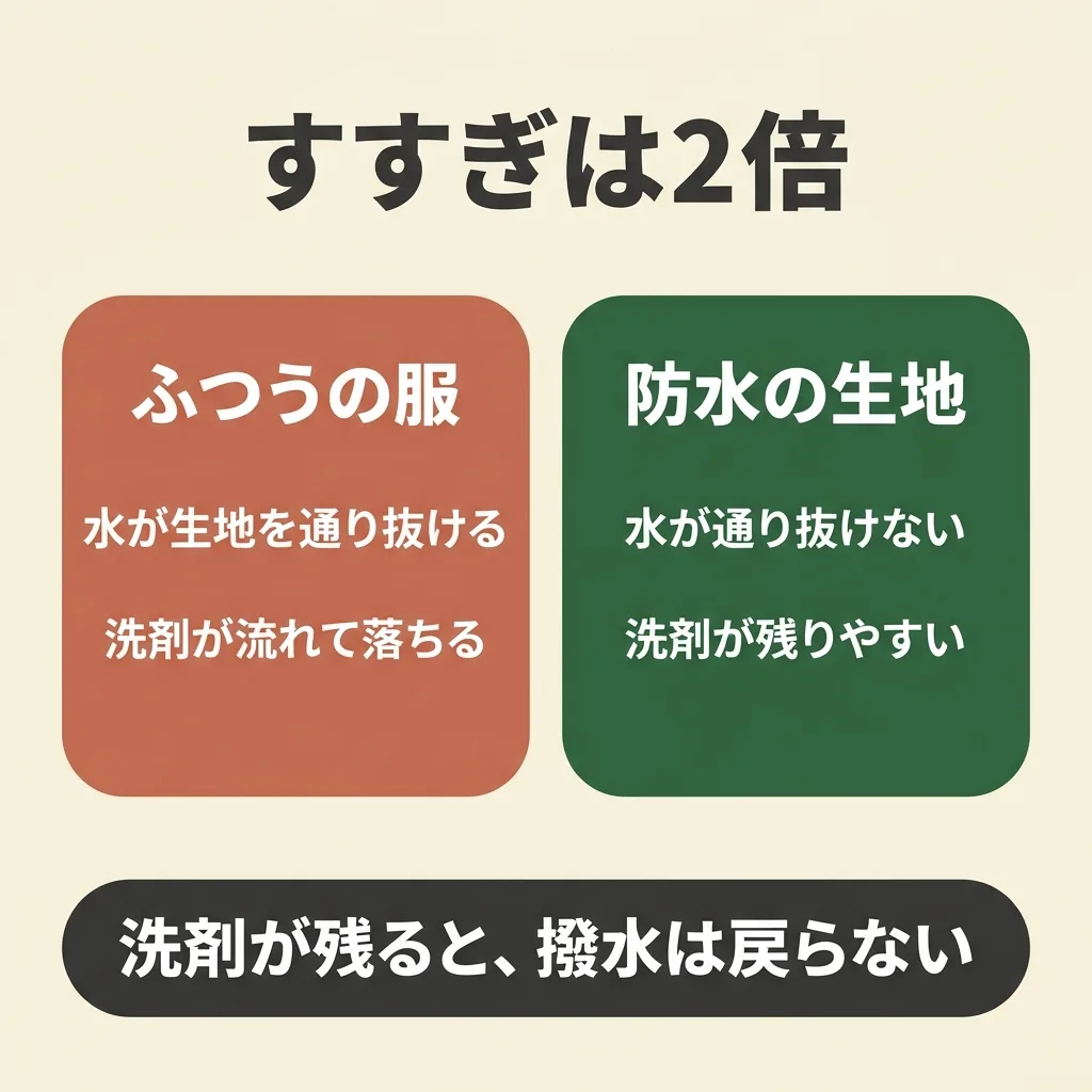防水素材は水が通り抜けないのですすぎは標準の2倍。洗剤が残ると撥水も防水も透湿も落ちる